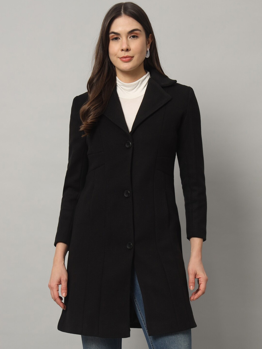 

Chemistry Single-Breasted Notched Lapel Longline WOollen Overcoat, Black