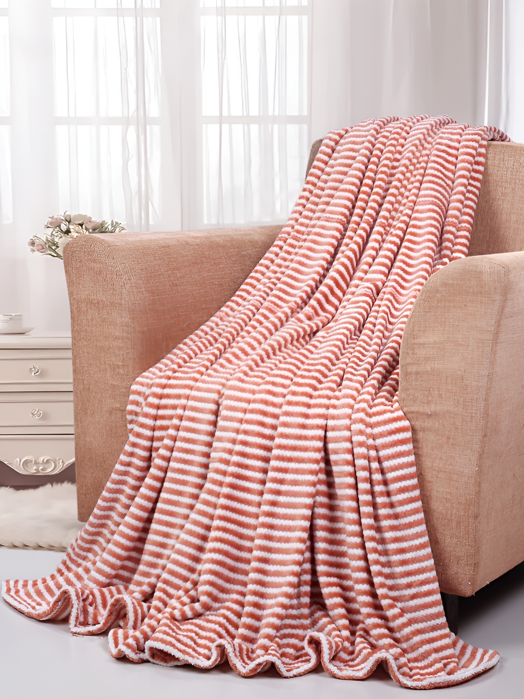 

bsb home Brown & White Striped Fleece AC Room 300 GSM Single Bed Blanket