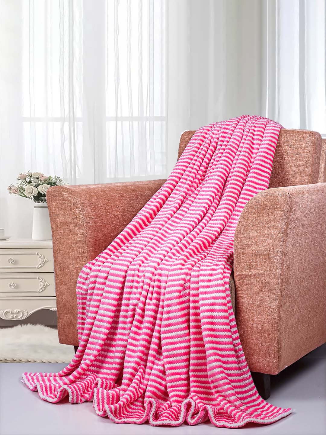 

bsb home Pink & White Striped Fleece AC Room 300 GSM Single Bed Blanket
