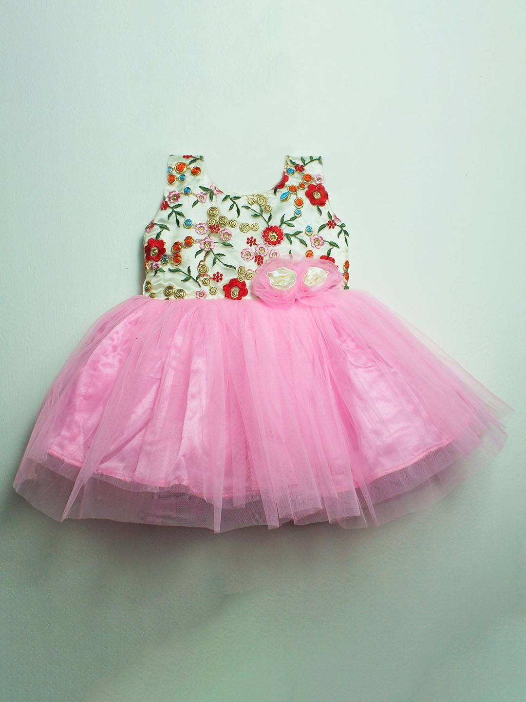 

BAESD Infant Girls Round Neck Floral Printed Net Frock, Pink