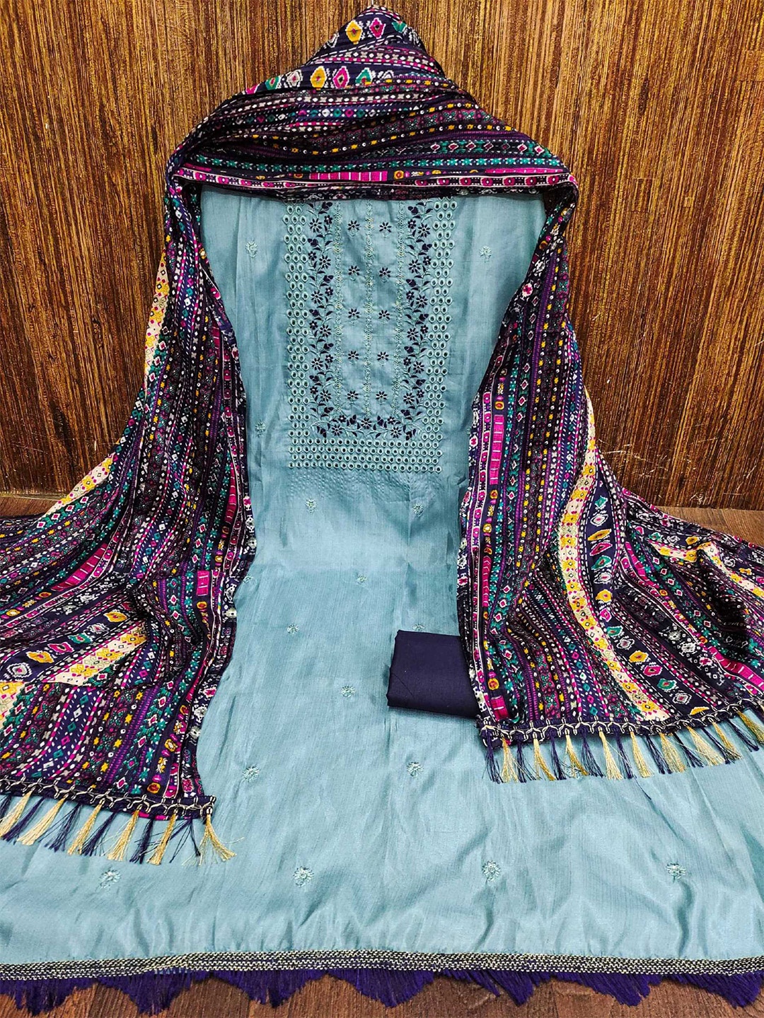 

KALINI Floral Embroidered Unstitched Dress Material, Blue