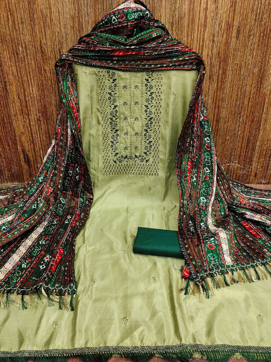 

KALINI Floral Embroidered Sequinned Unstitched Dress Material, Green