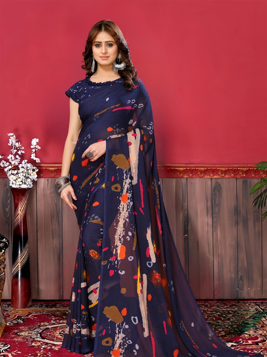 

MAGMINA Geometric Printed Pure Georgette Banarasi Saree, Navy blue