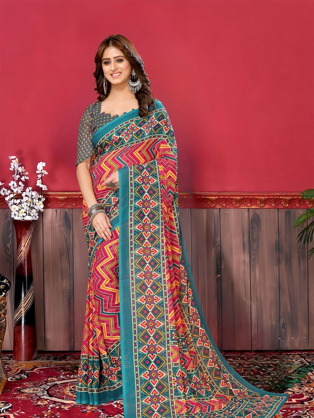 

MAGMINA Geometric Printed Pure Georgette Banarasi Saree, Turquoise blue