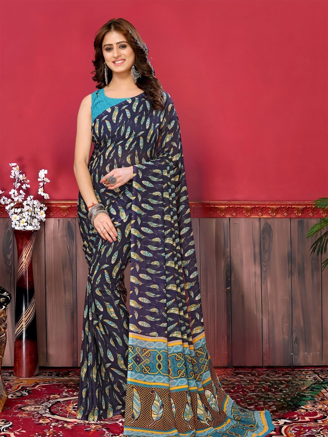 

MAGMINA Floral Printed Pure Georgette Banarasi Saree, Turquoise blue