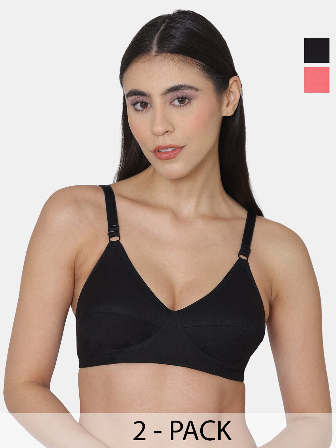 

KOMLI Women Pack Of 2 Full Coverage Super Non Padded Cotton All Day Comfort Minimizer Bras, Black
