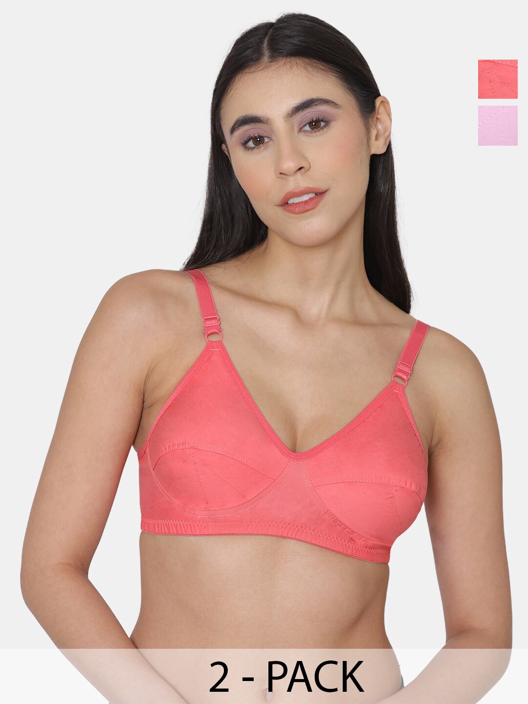 

KOMLI Pack of 2 Non Padded Super Cotton Minimizer Bra, Pink