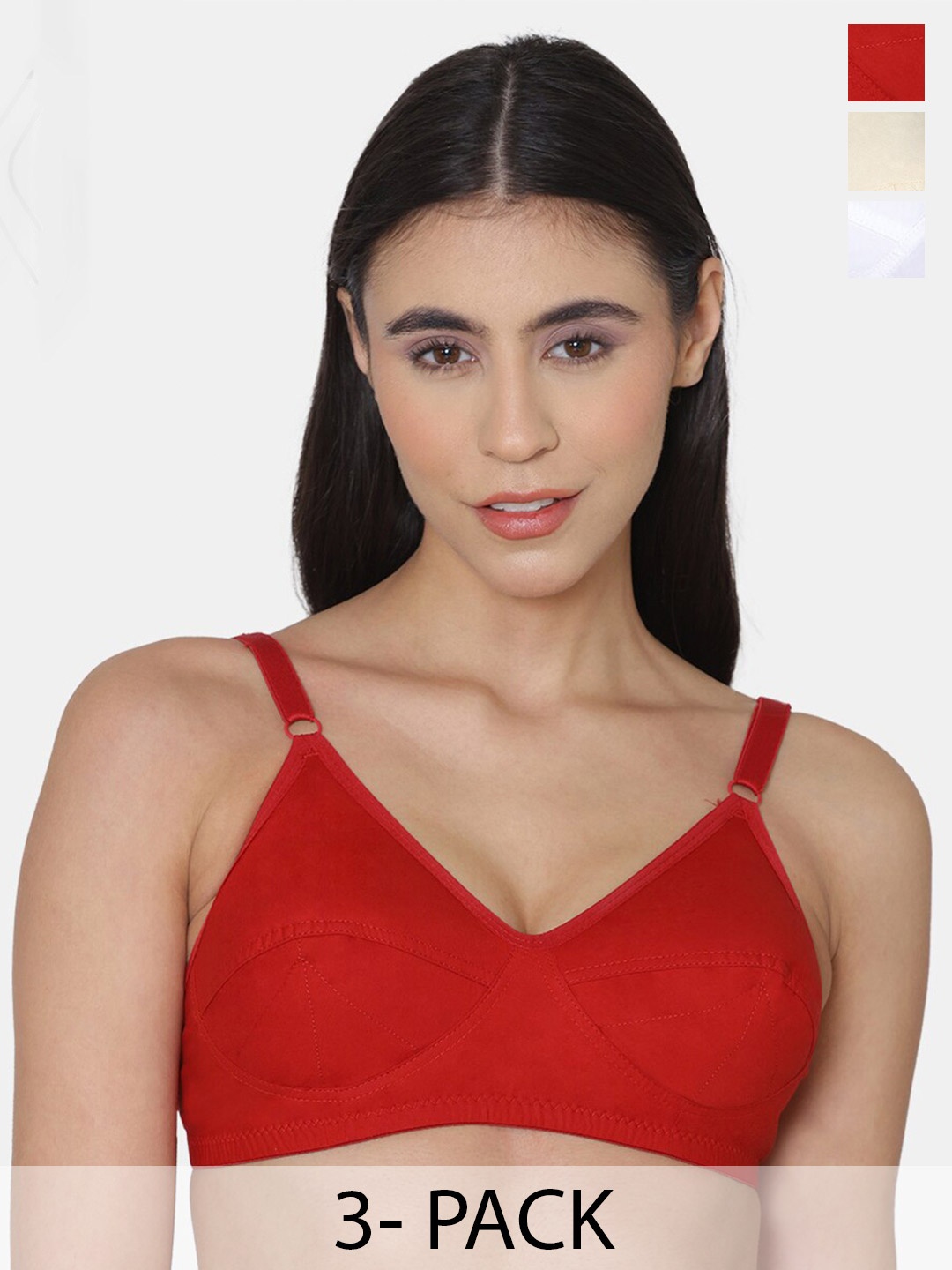 

KOMLI Pack of 3 Non Padded Super Cotton Minimizer Bra, Red