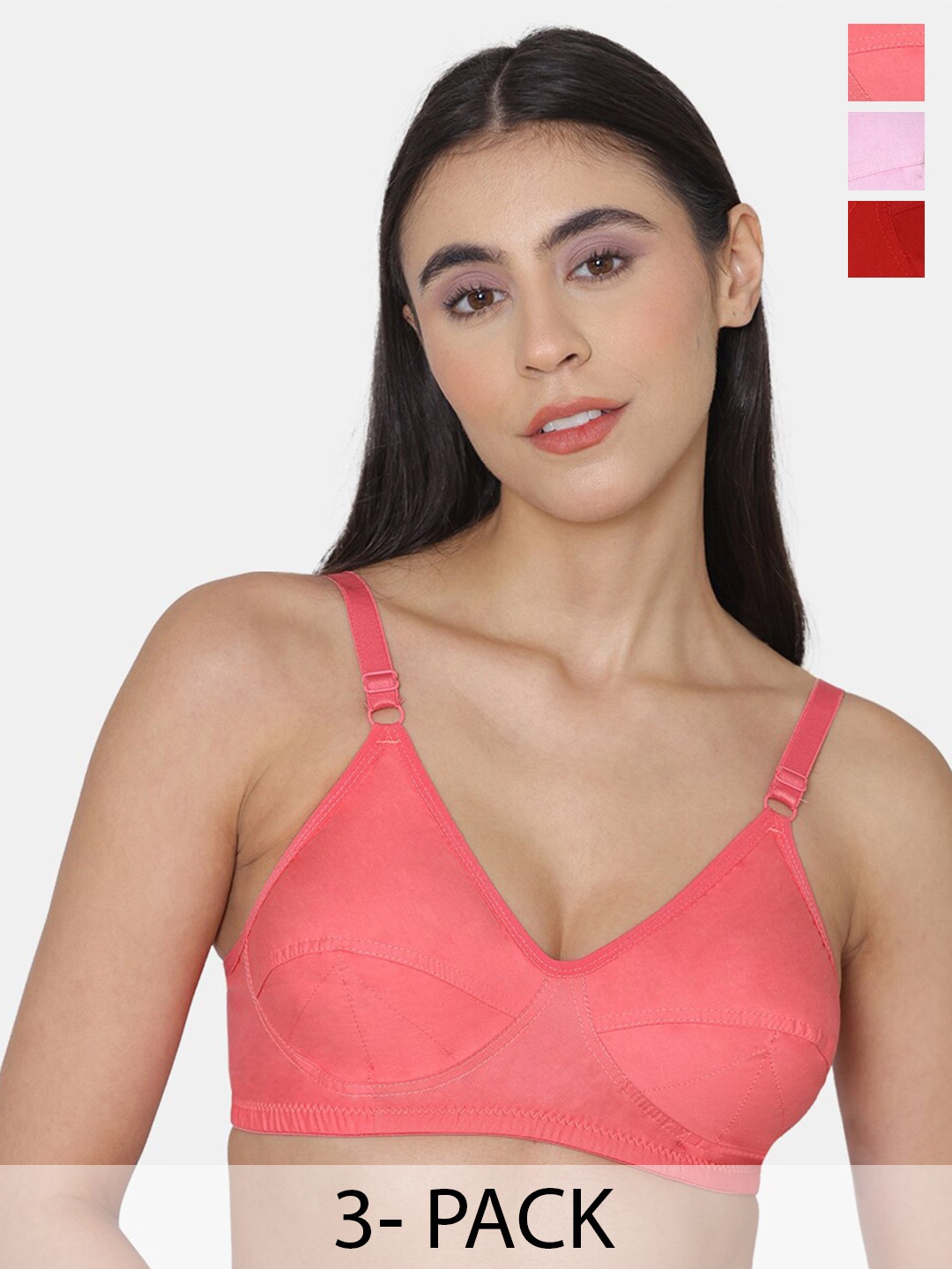 

KOMLI Pack Of 3 Minimiser Super Non Padded Cotton Bras, Pink