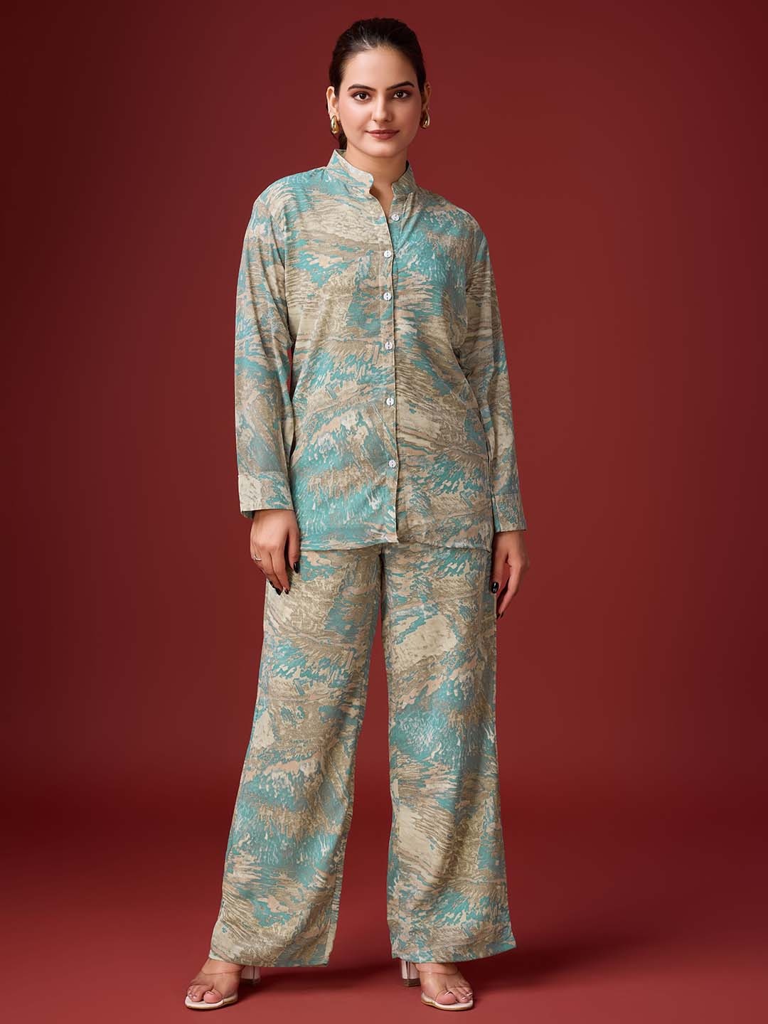 

HOUSE OF MIRA Tie & Dye Mandarin Collar Shirt & Trousers, Turquoise blue