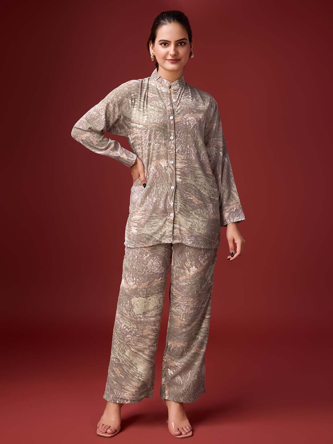 

HOUSE OF MIRA Abstract Printed Mandarin collar Shirt With Trouser, Brown