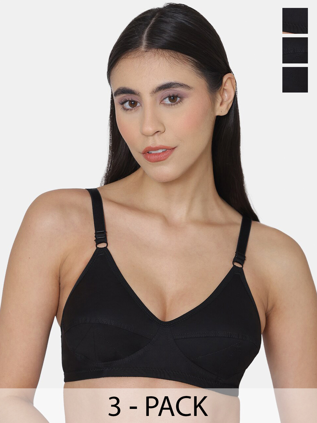 

KOMLI Women Pack Of 3 Full Coverage Super Non Padded Cotton All Day Comfort Minimizer Bras, Black