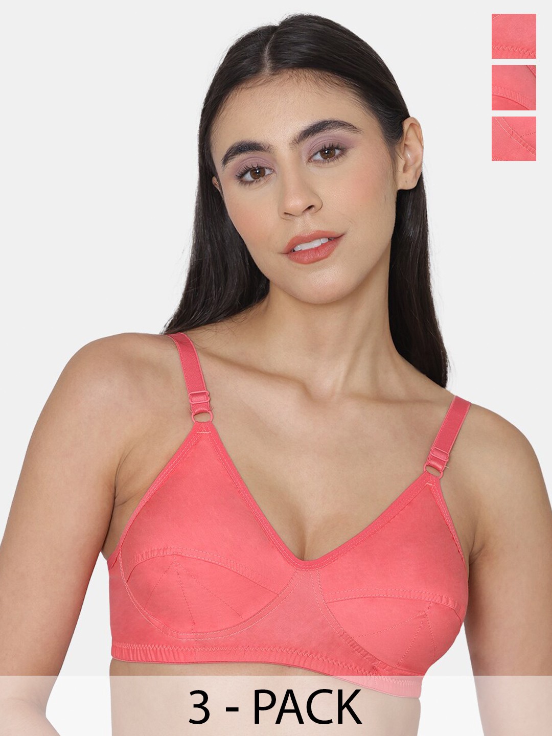 

KOMLI Pack of 3 Non Padded Super Cotton Minimizer Bra, Coral