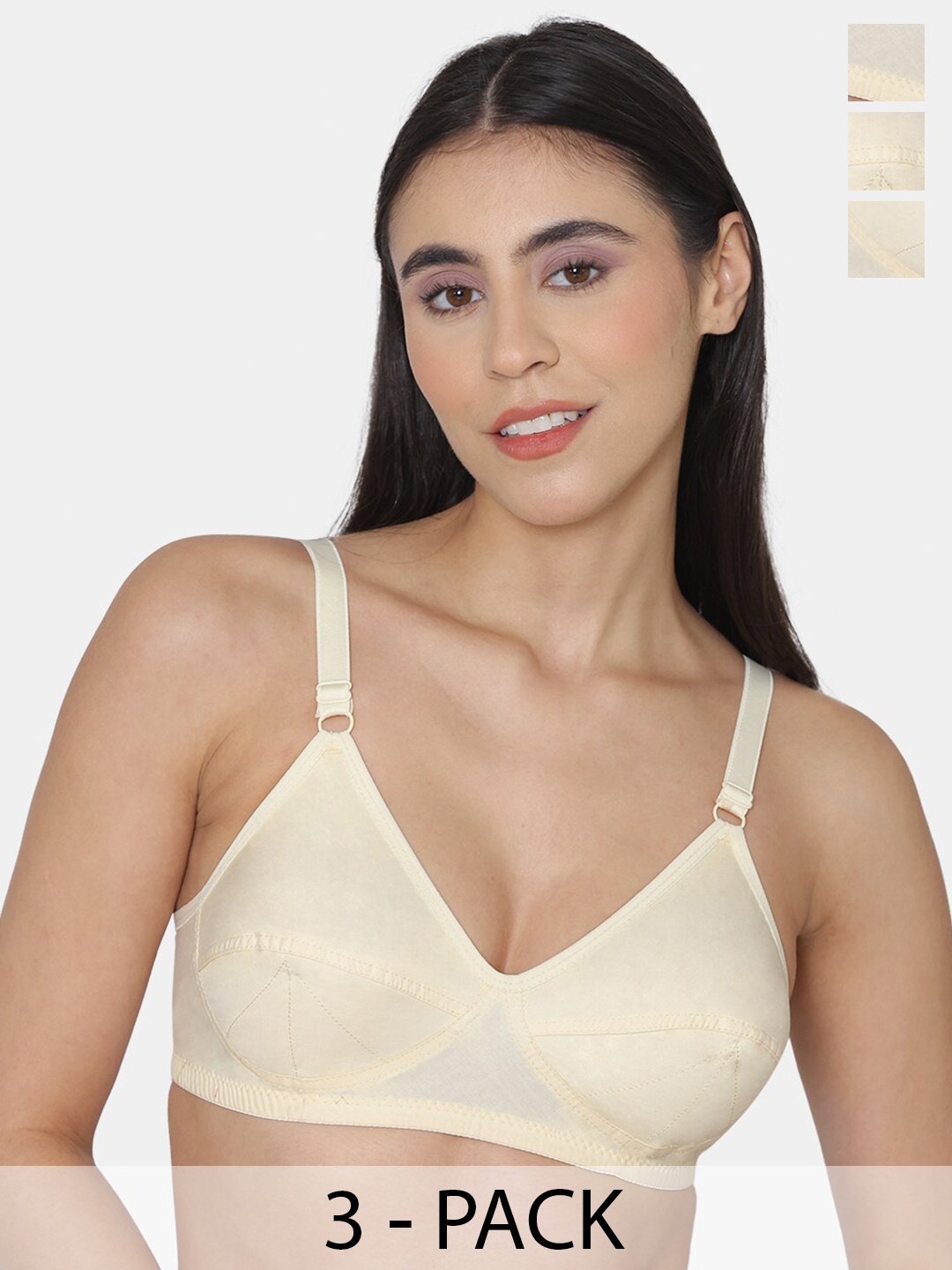 

KOMLI Women Pack Of 3 Full Coverage Super Non Padded Cotton All Day Comfort Minimizer Bras, Beige