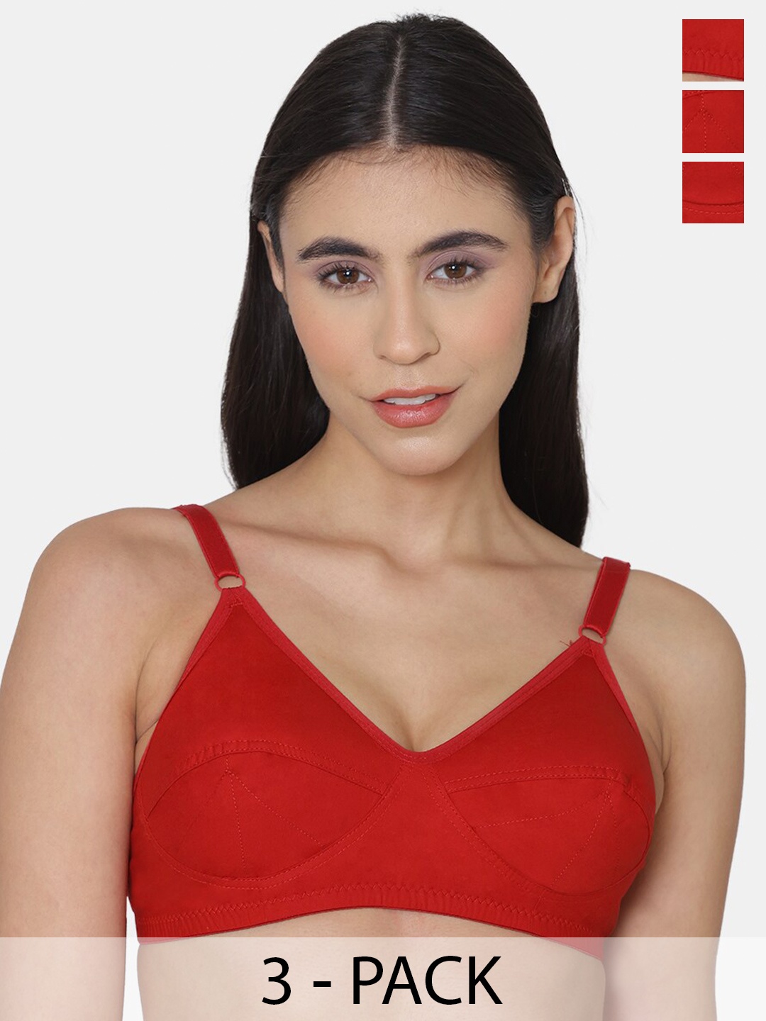 

KOMLI Pack Of 3 Minimiser Super Non Padded Cotton Bras, Red
