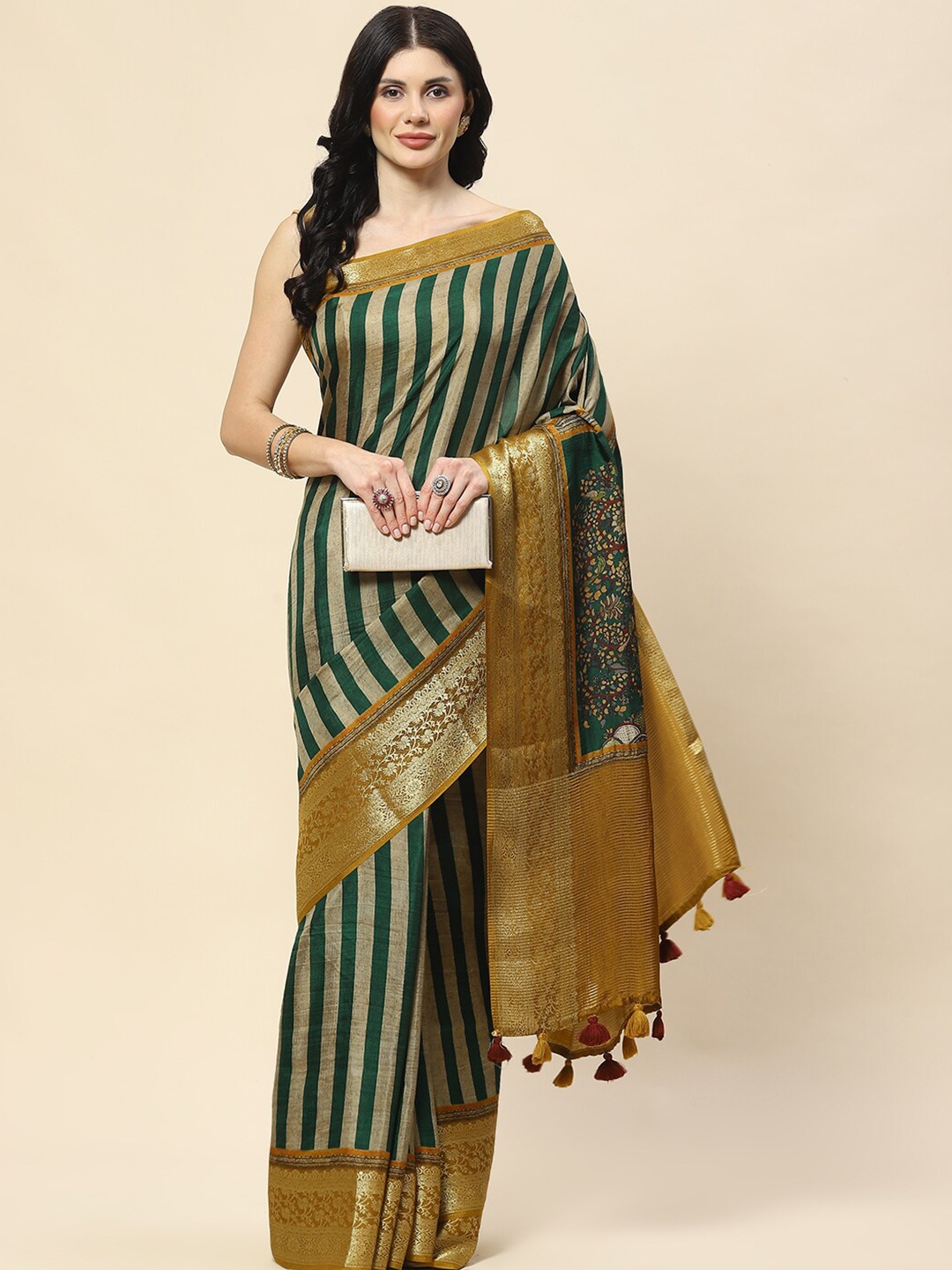 

Meena Bazaar Floral Woven Design Art Silk Saree, Green