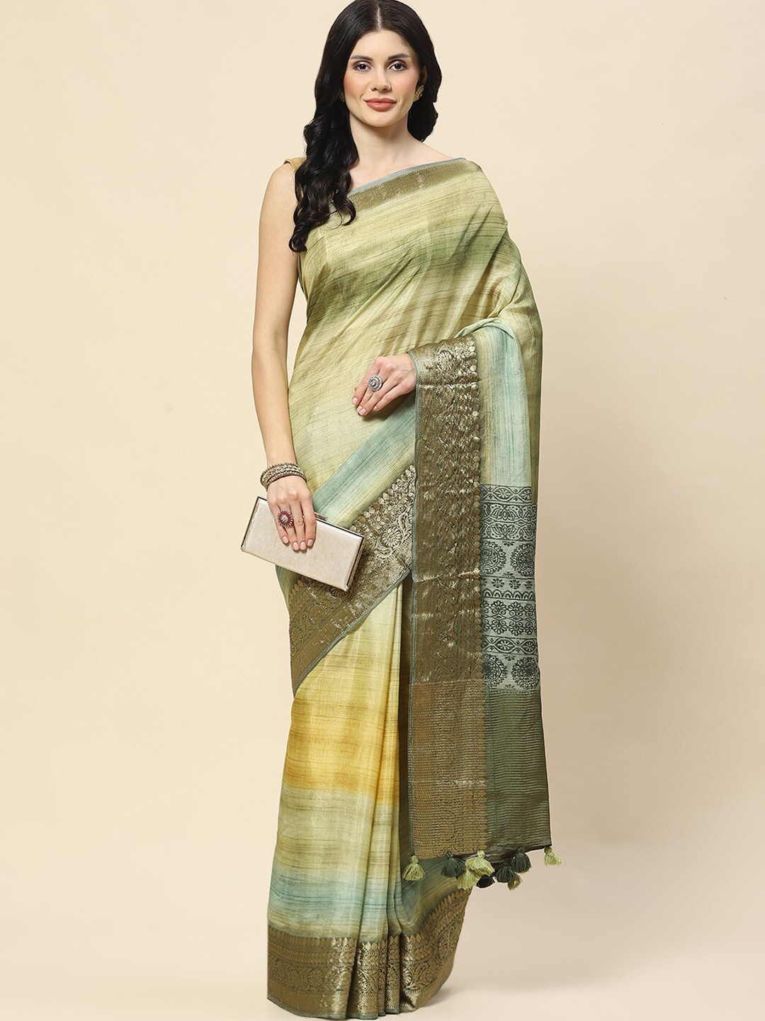 

Meena Bazaar Ethnic Motifs Printed Zari Saree, Yellow