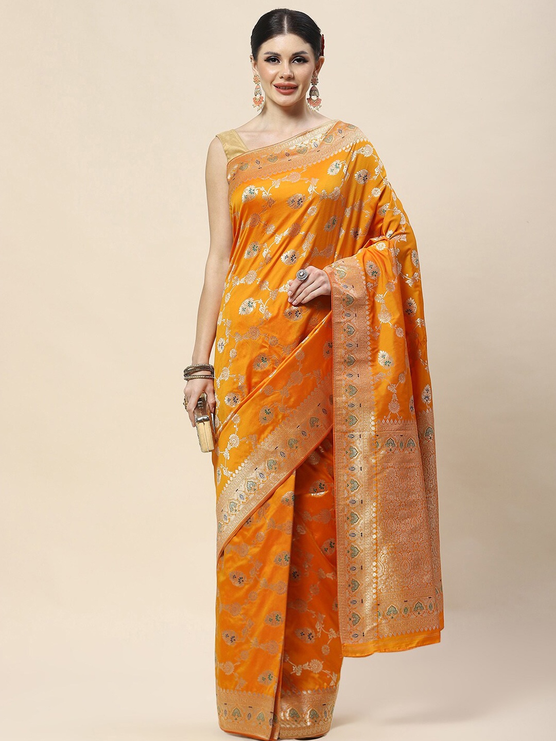 

Meena Bazaar Woven Design Zari Banarasi Saree, Orange
