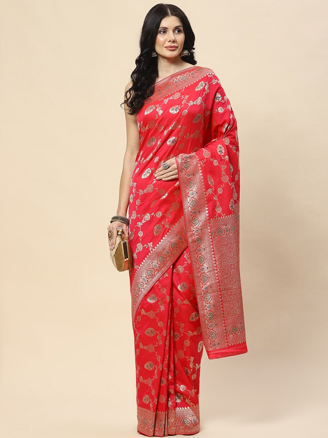 

Meena Bazaar Woven Design Zari Banarasi Saree, Pink