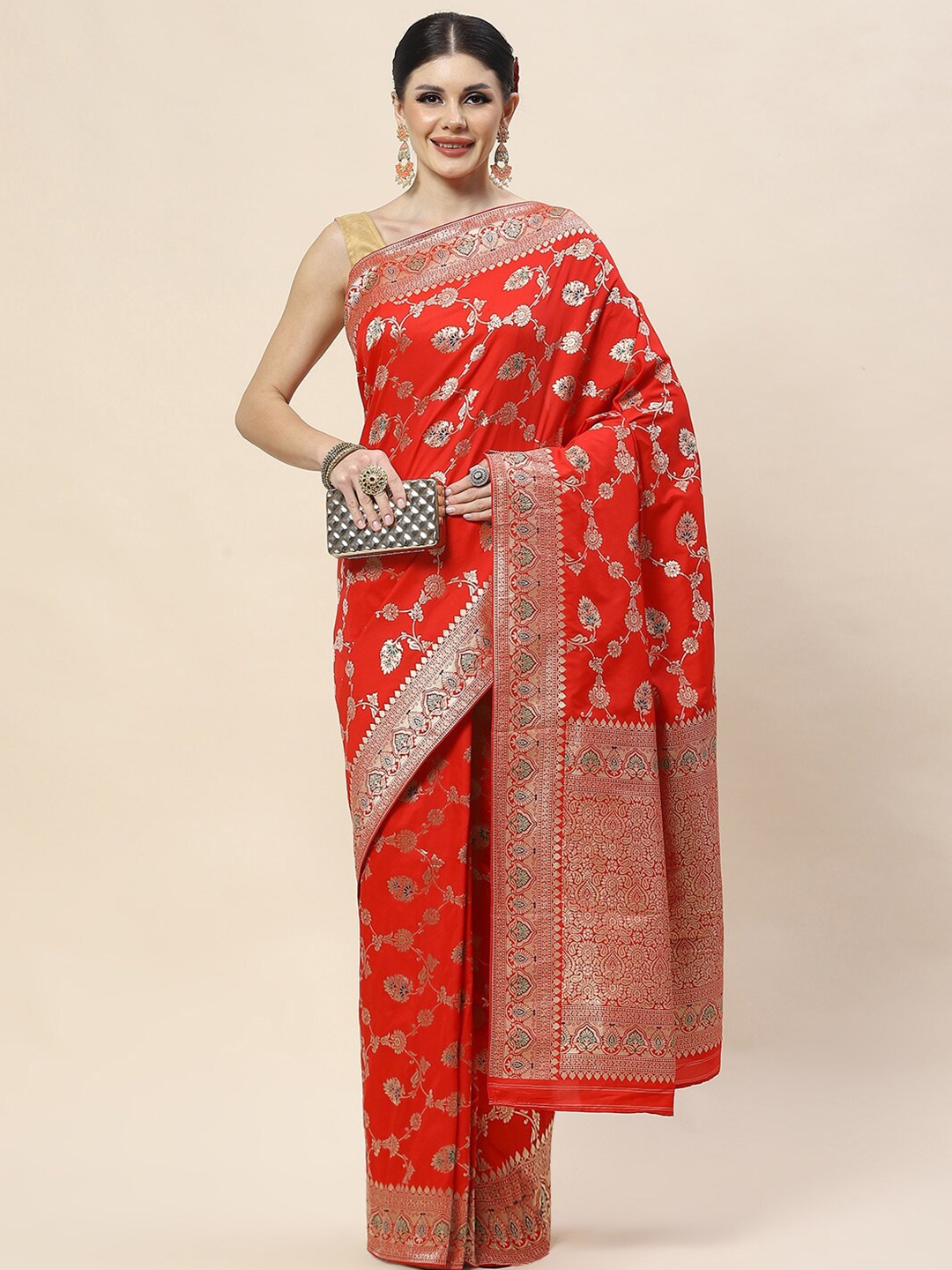 

Meena Bazaar Woven Design Zari Banarasi Saree, Red