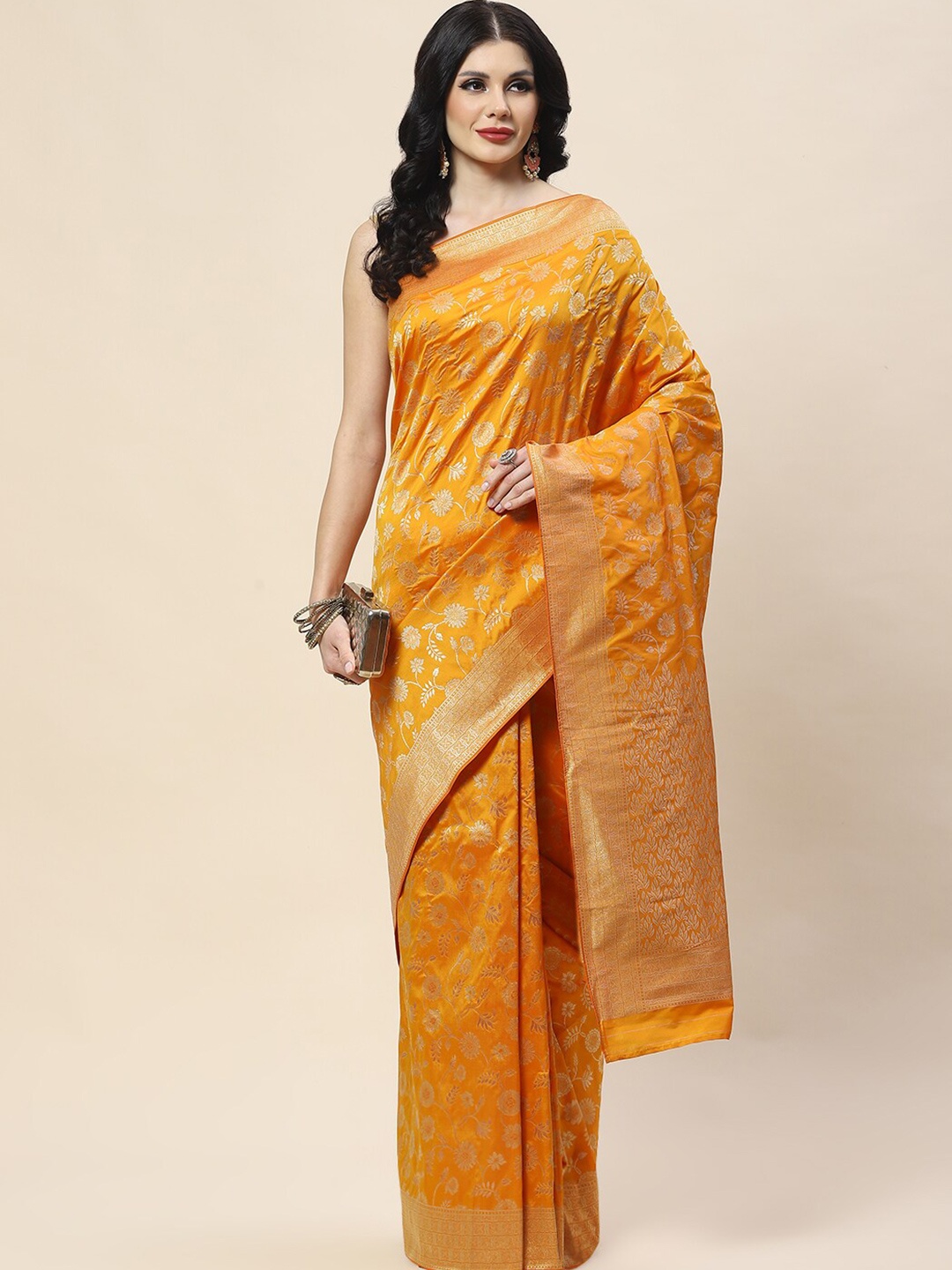 

Meena Bazaar Woven Design Floral Zari Banarasi Saree, Mustard