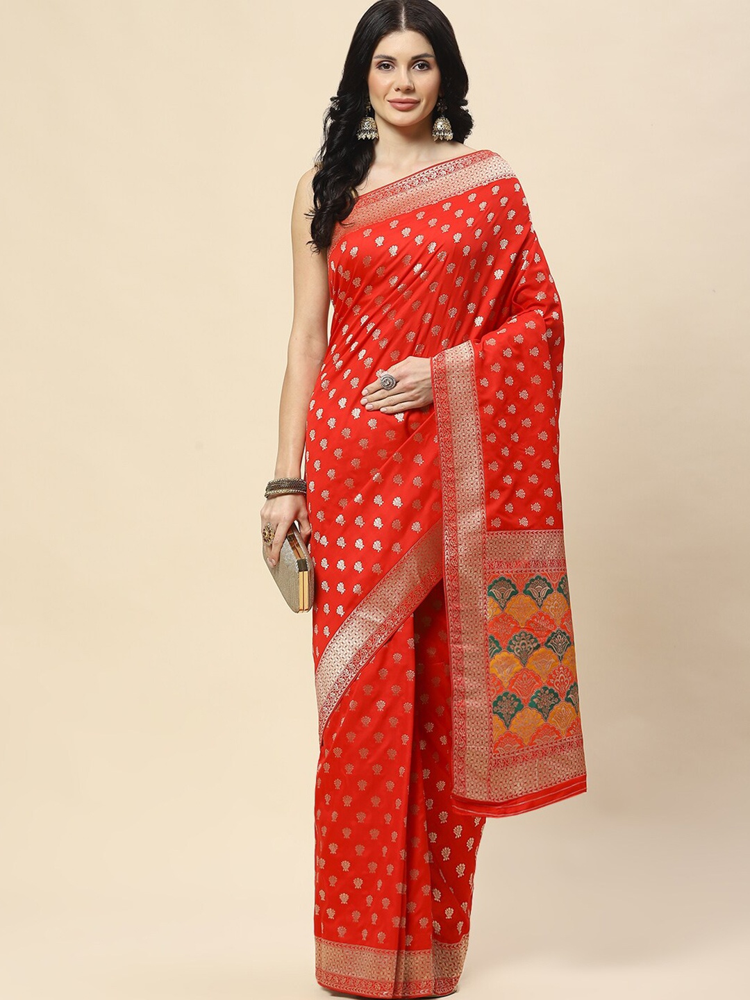 

Meena Bazaar Ethnic Motifs Woven Design Zari Banarasi Saree, Red