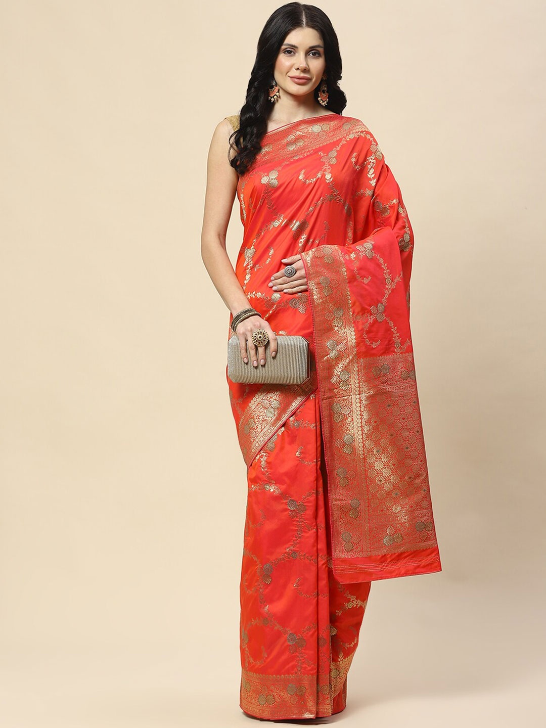 

Meena Bazaar Ethnic Motifs Woven Design Zari Banarasi Saree, Coral