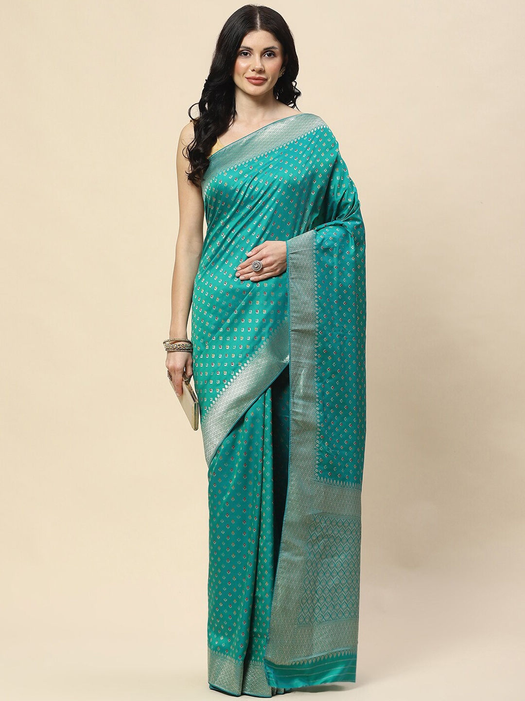 

Meena Bazaar Ethnic Motifs Woven Design Zari Banarasi Saree, Sea green