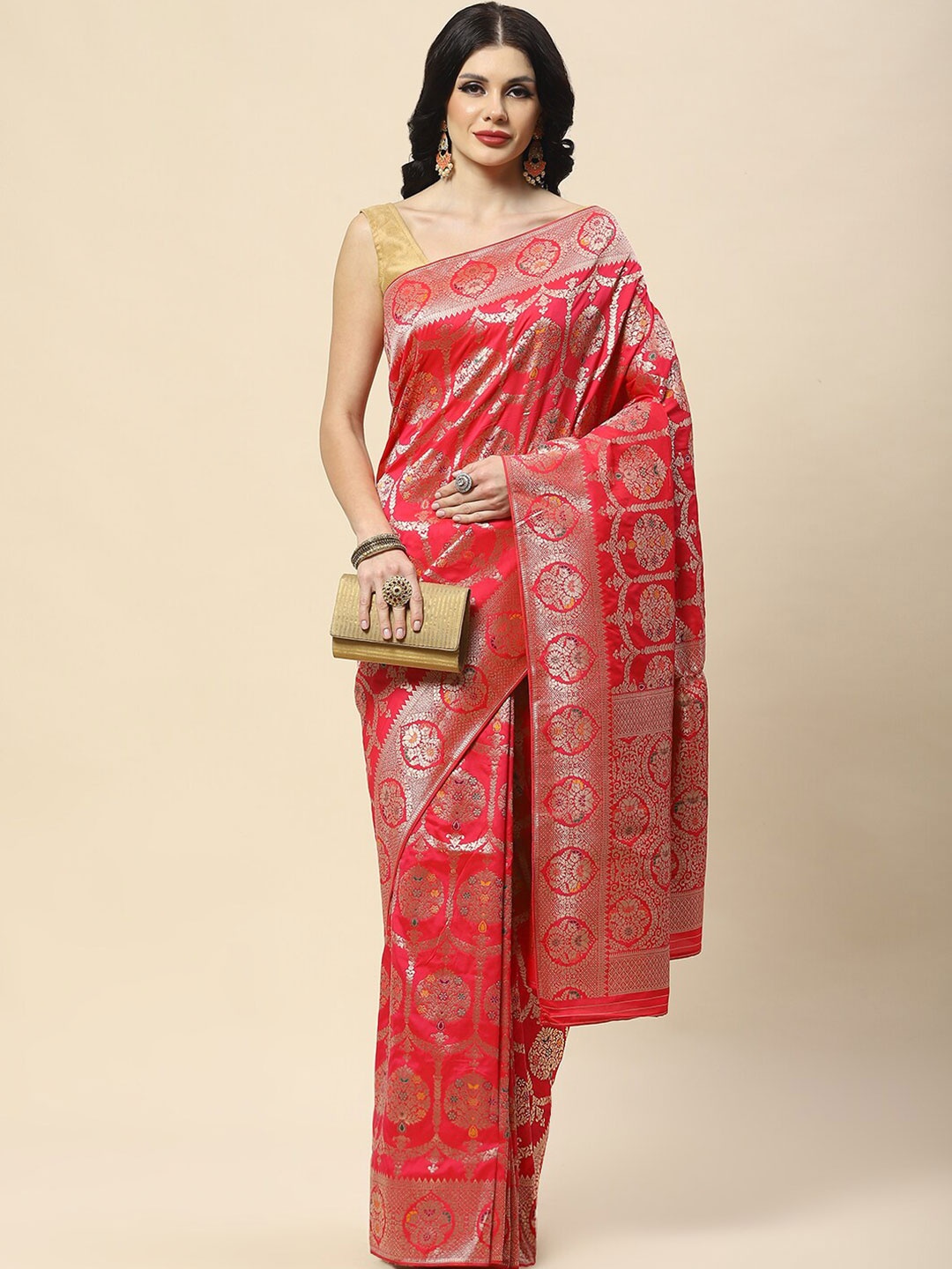 

Meena Bazaar Woven Design Zari Banarasi Saree, Pink