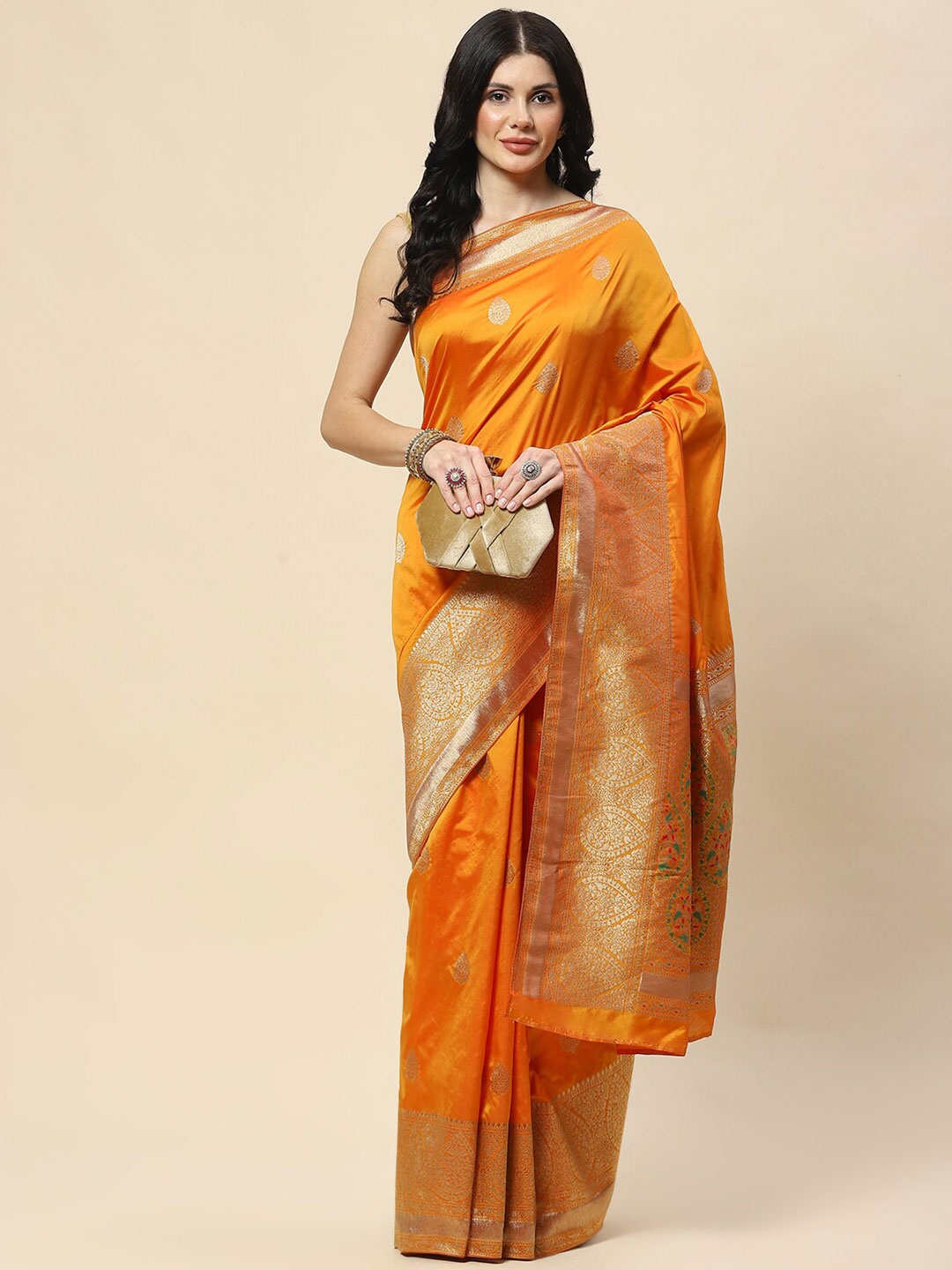 

Meena Bazaar Woven Design Zari Banarasi Saree, Orange