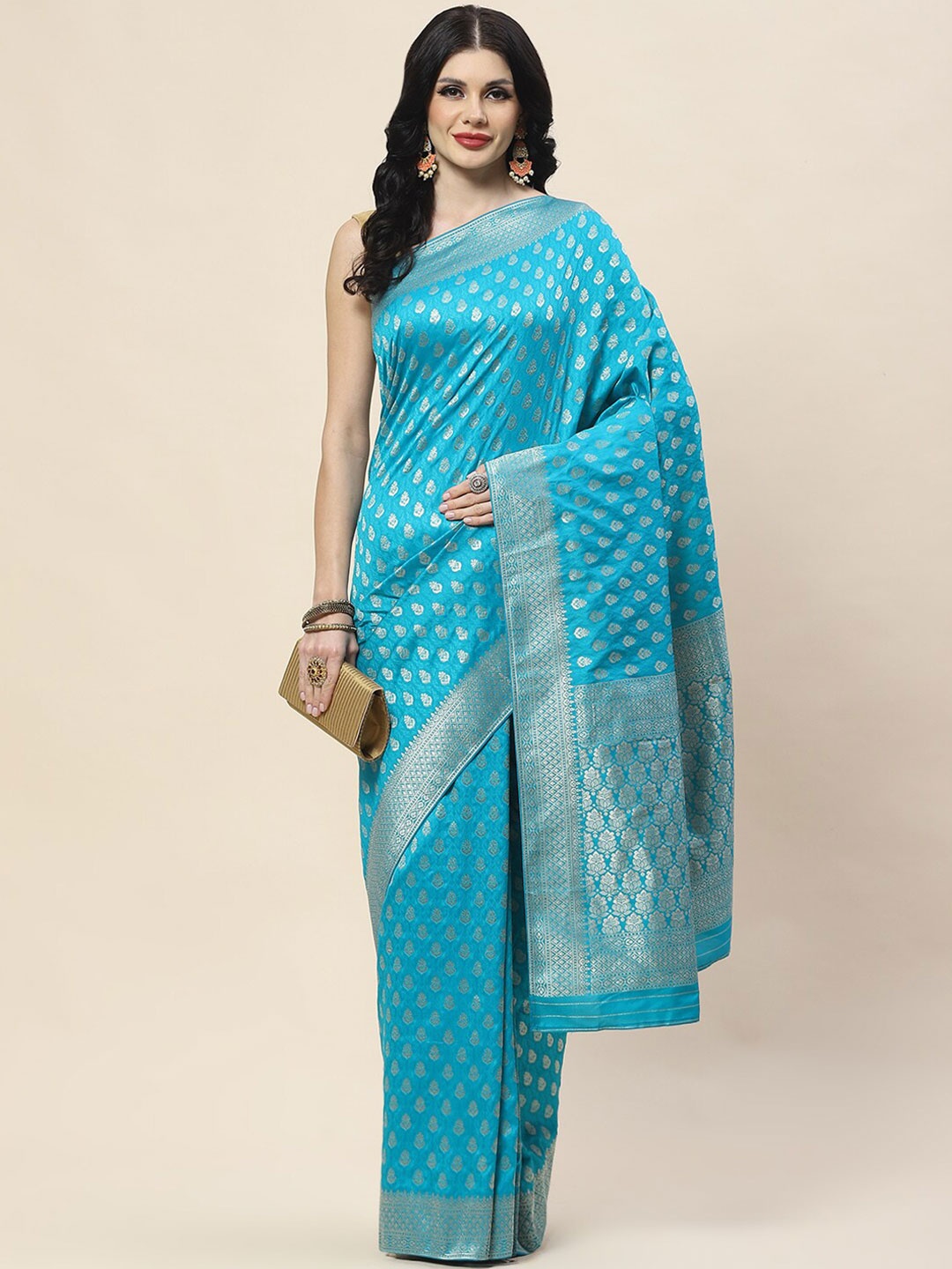 

Meena Bazaar Woven Design Ethnic Motifs Zari Banarasi Saree, Blue