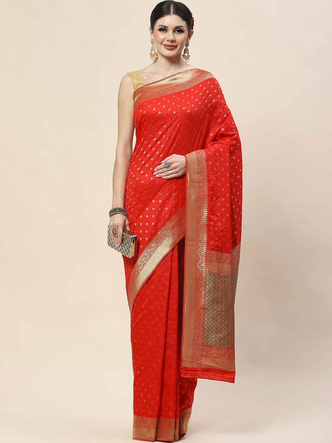 

Meena Bazaar Woven Design Ethnic Motifs Zari Banarasi Saree, Red