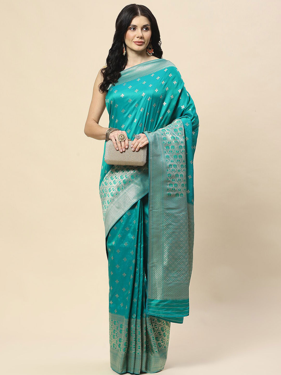 

Meena Bazaar Ethnic Motifs Woven Design Zari Banarasi Saree, Sea green