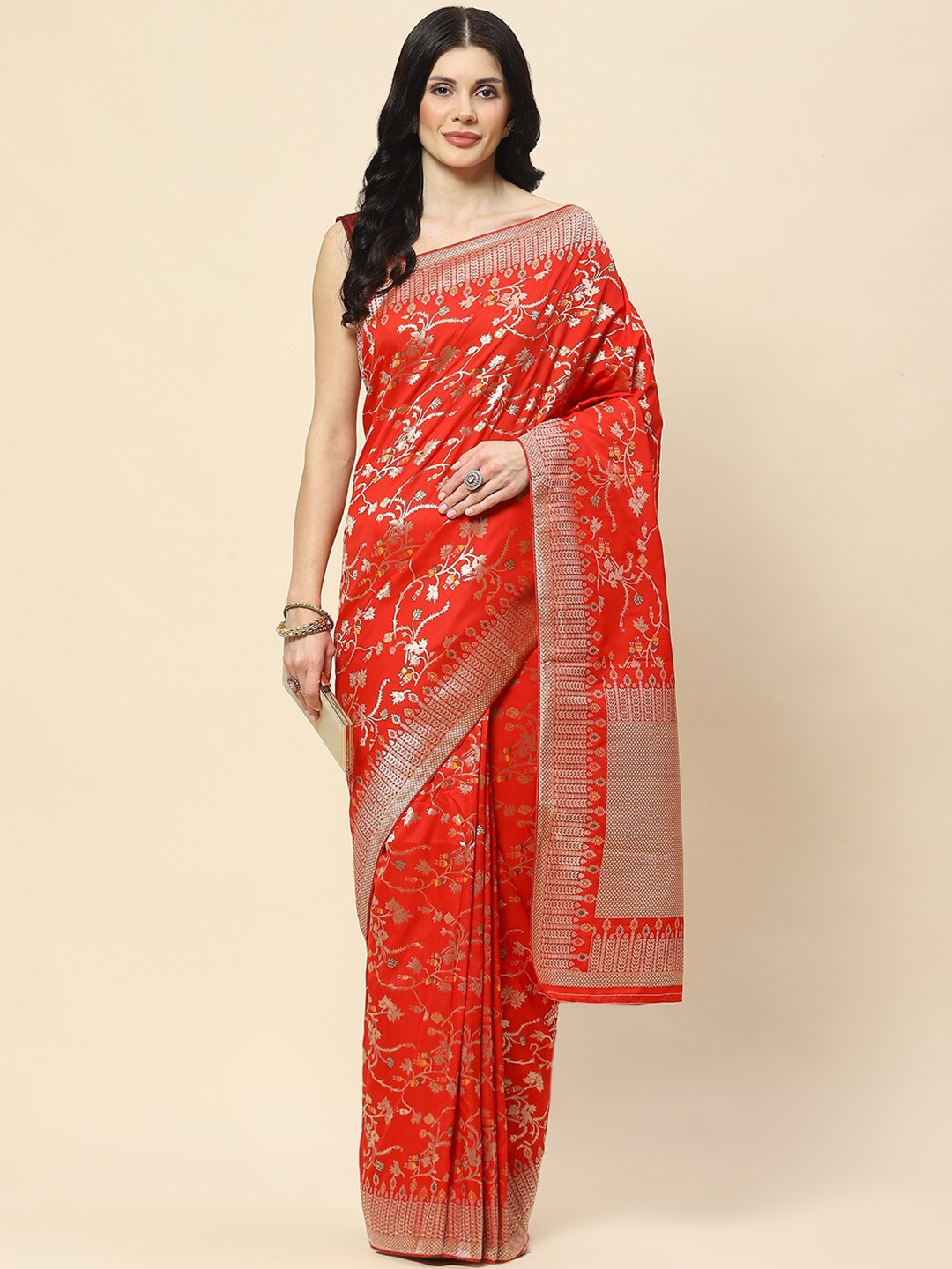 

Meena Bazaar Woven Design Floral Zari Banarasi Saree, Red