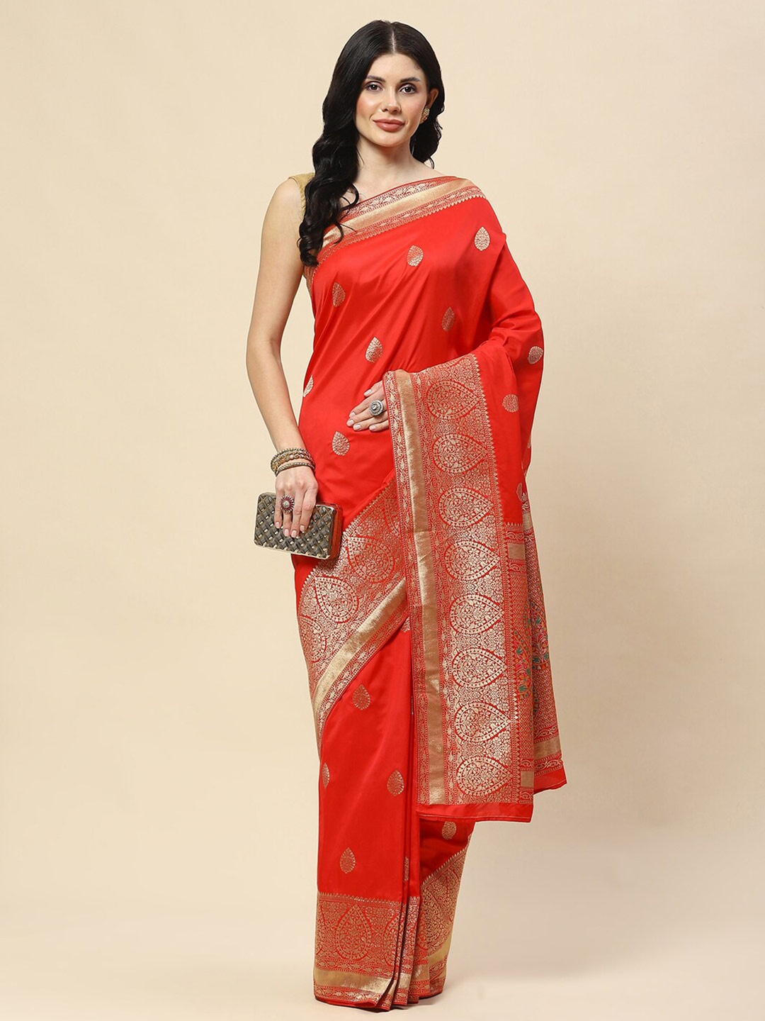 

Meena Bazaar Woven Design Ethnic Motifs Zari Banarasi Saree, Red