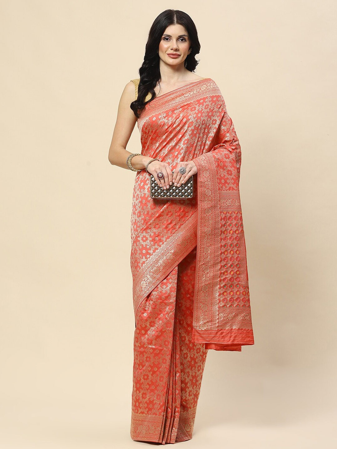 

Meena Bazaar Woven Design Ethnic Motifs Zari Banarasi Saree, Peach
