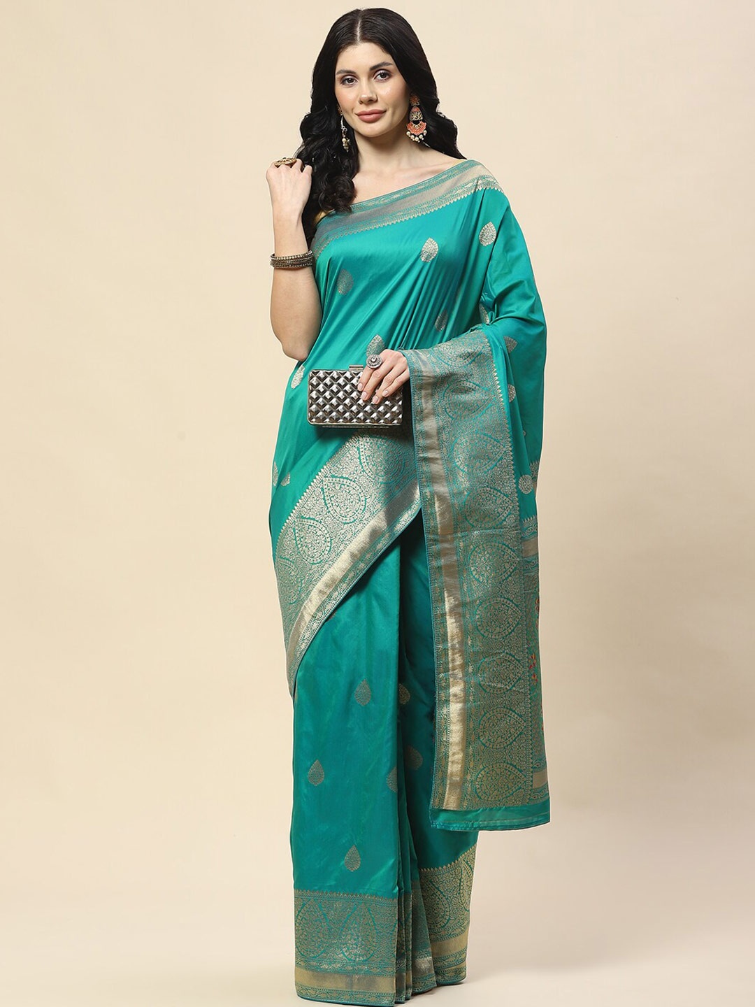 

Meena Bazaar Woven Design Ethnic Motifs Zari Banarasi Saree, Sea green