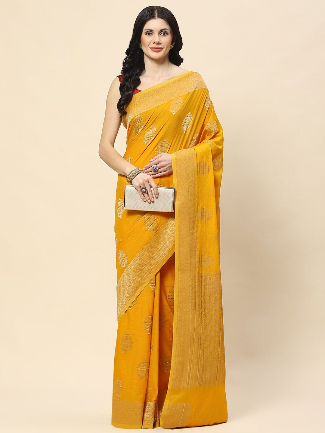 

Meena Bazaar Woven Design Ethnic Motifs Zari Tussar Saree, Mustard