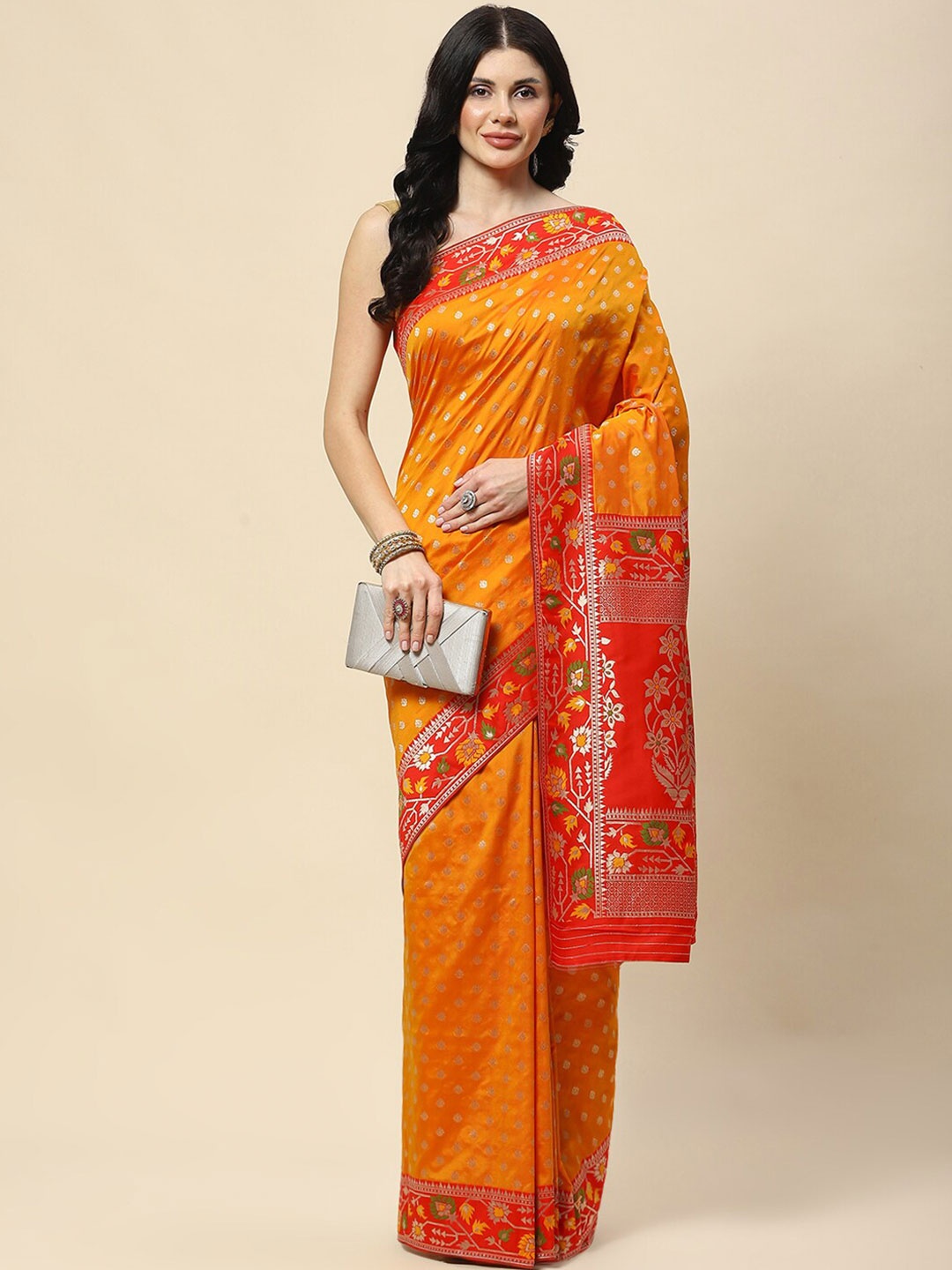 

Meena Bazaar Woven Design Floral Zari Banarasi Saree, Orange