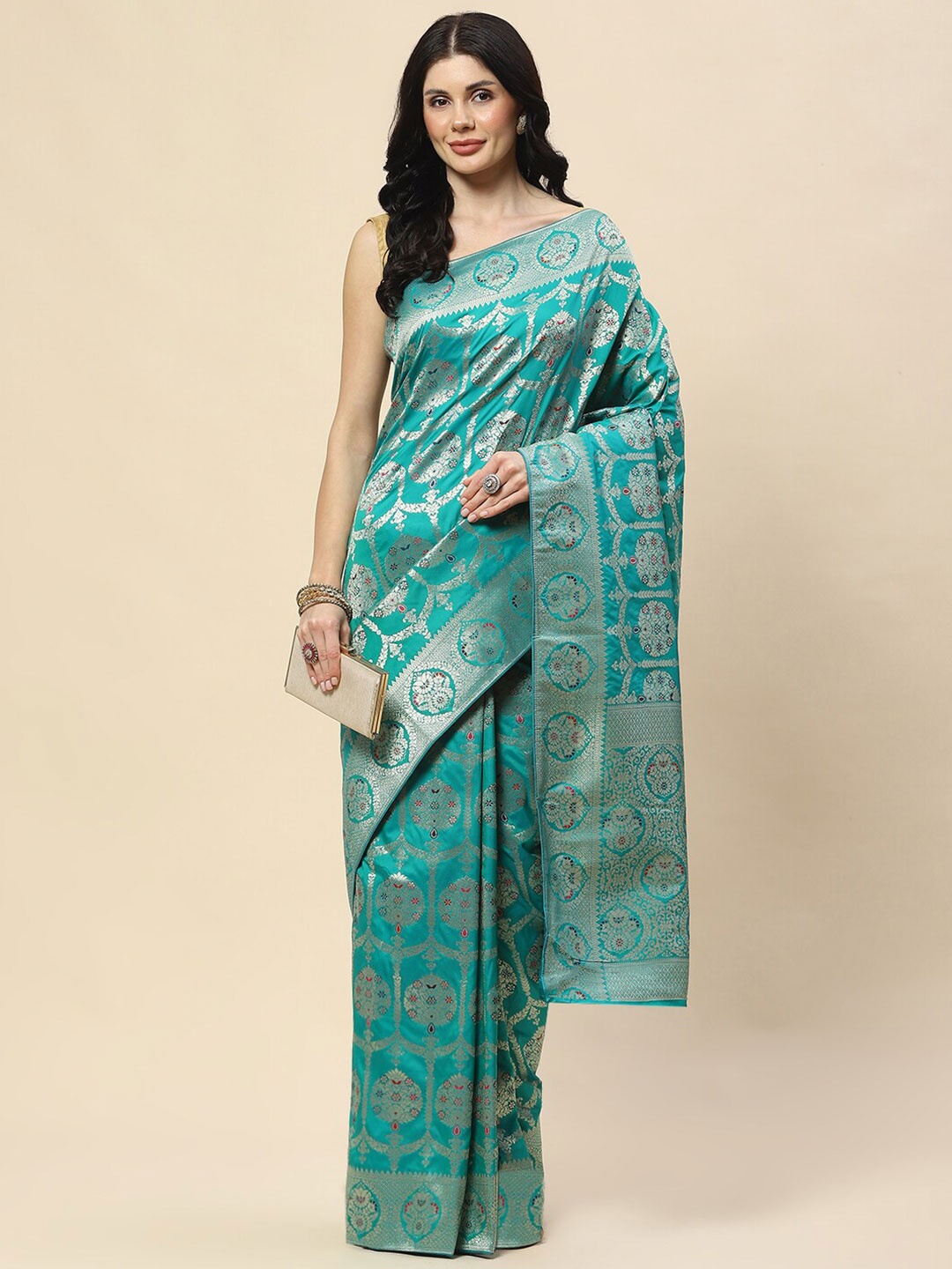 

Meena Bazaar Woven Design Ethnic Motifs Zari Banarasi Saree, Sea green