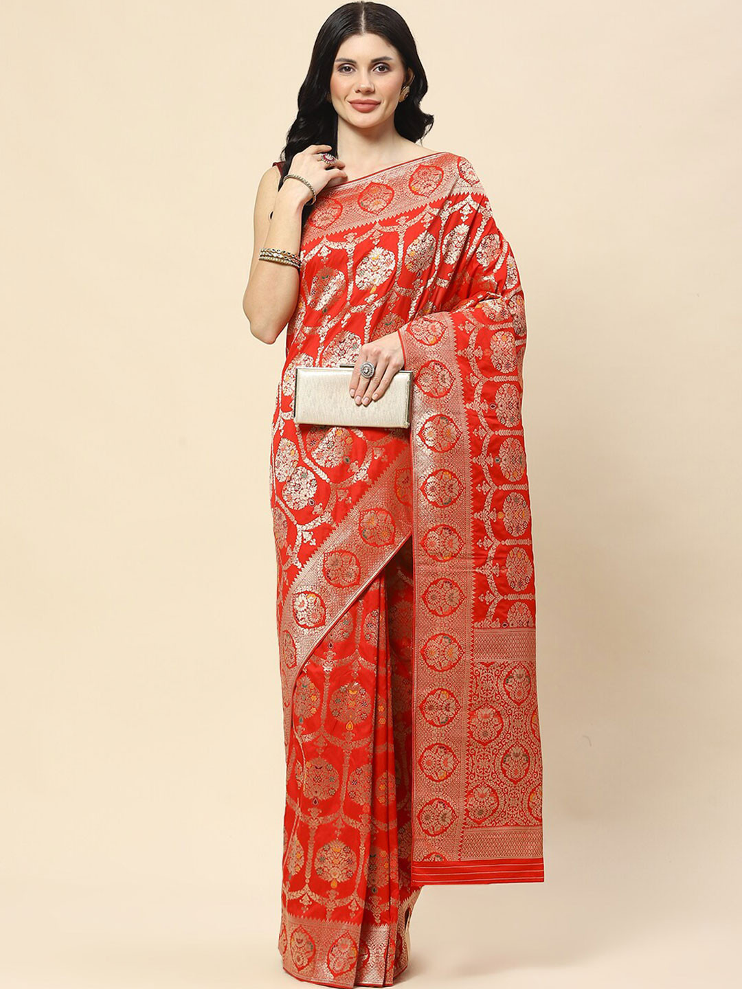 

Meena Bazaar Woven Design Ethnic Motifs Zari Banarasi Saree, Red