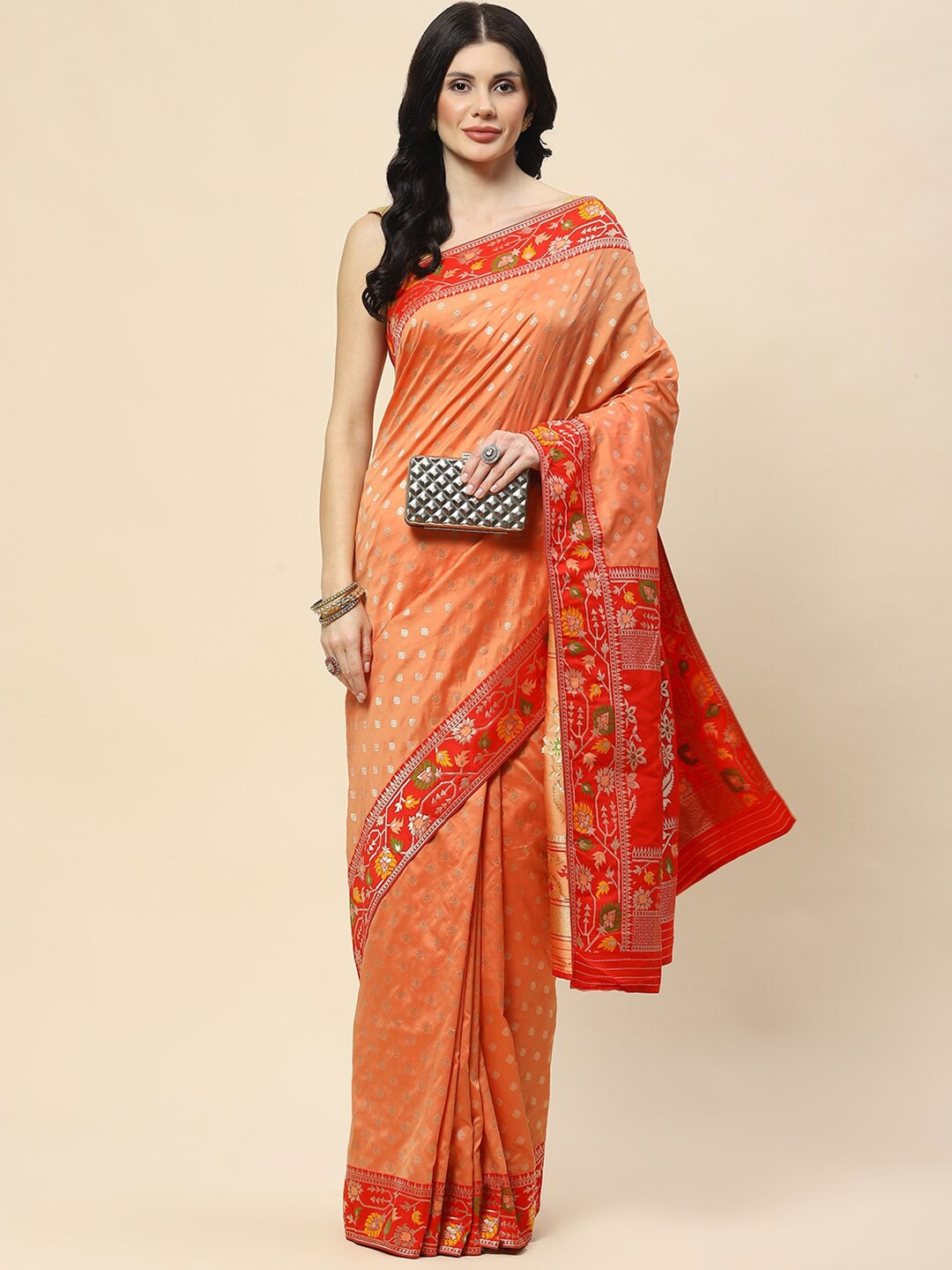 

Meena Bazaar Woven Design Floral Zari Banarasi Saree, Peach