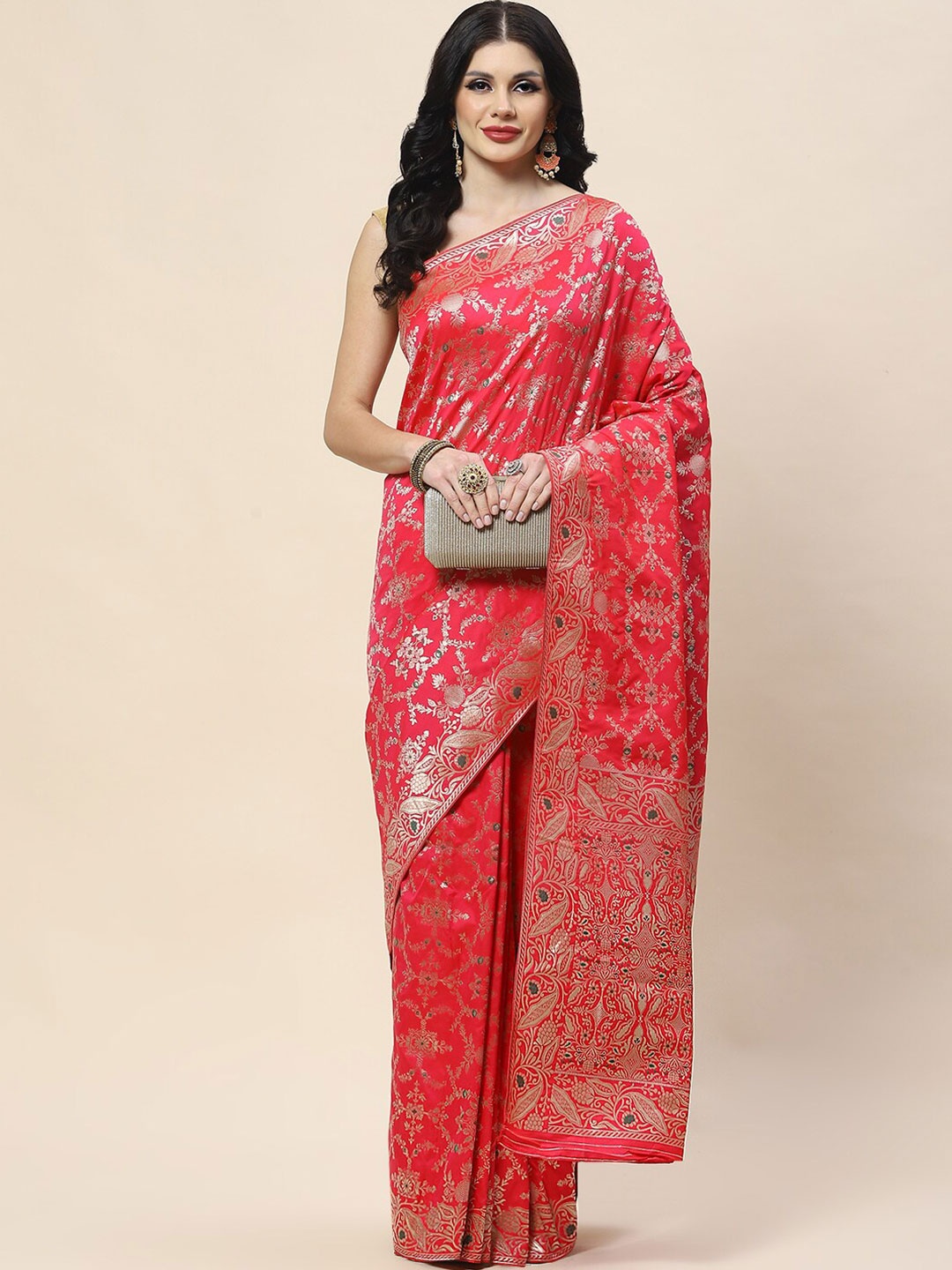 

Meena Bazaar Woven Design Zari Banarasi Saree, Pink