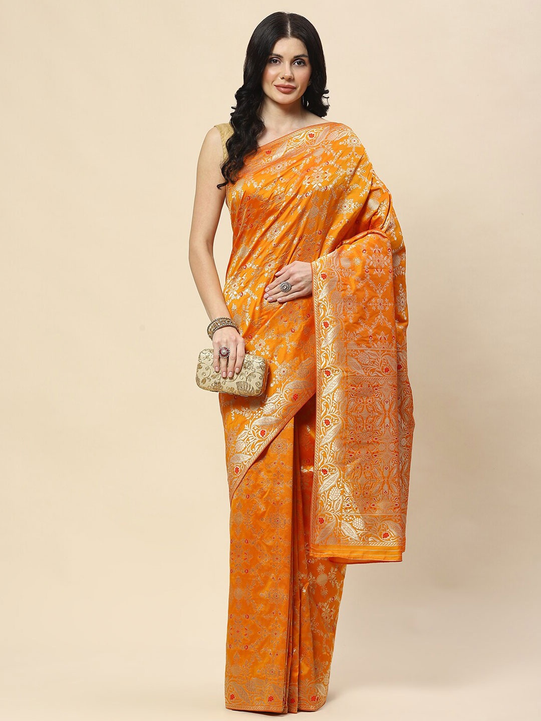 

Meena Bazaar Woven Design Zari Banarasi Saree, Orange