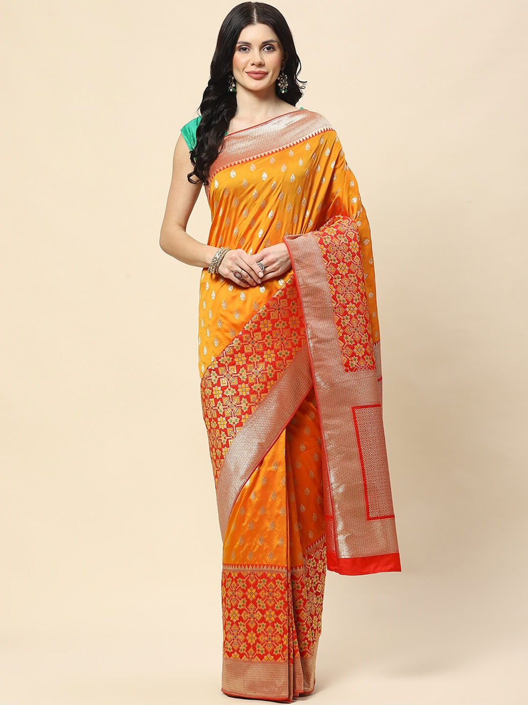 

Meena Bazaar Woven Design Ethnic Motifs Zari Banarasi Saree, Orange
