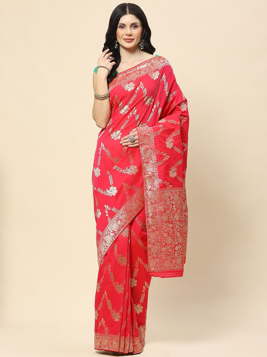 

Meena Bazaar Woven Design Ethnic Motifs Zari Banarasi Saree, Pink