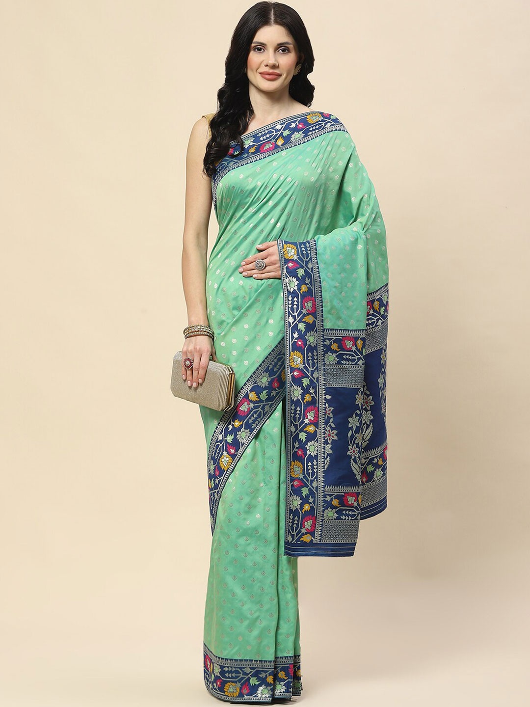 

Meena Bazaar Ethnic Motifs Woven Design Zari Banarasi Saree, Green