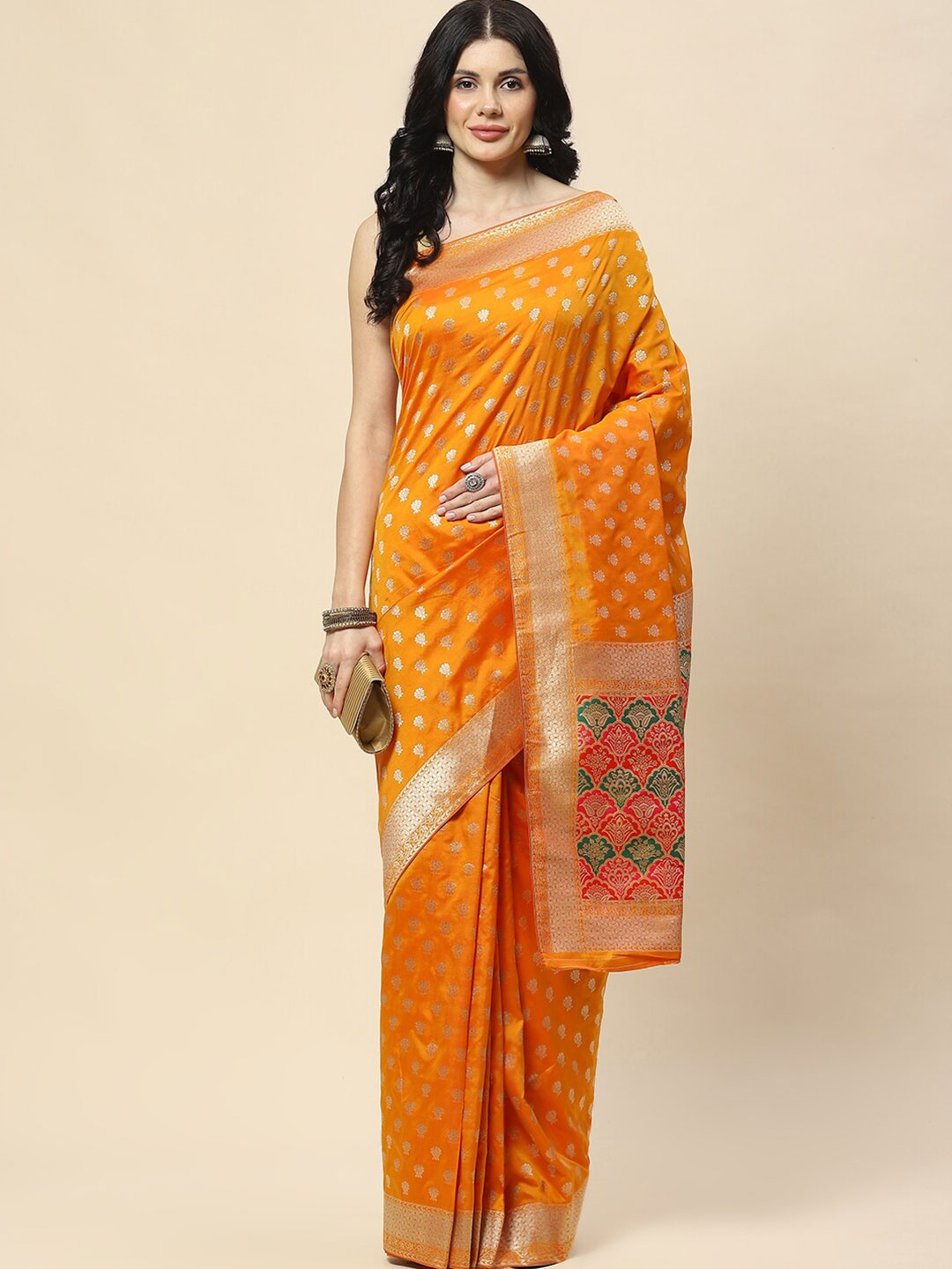 

Meena Bazaar Woven Design Zari Banarasi Saree, Orange