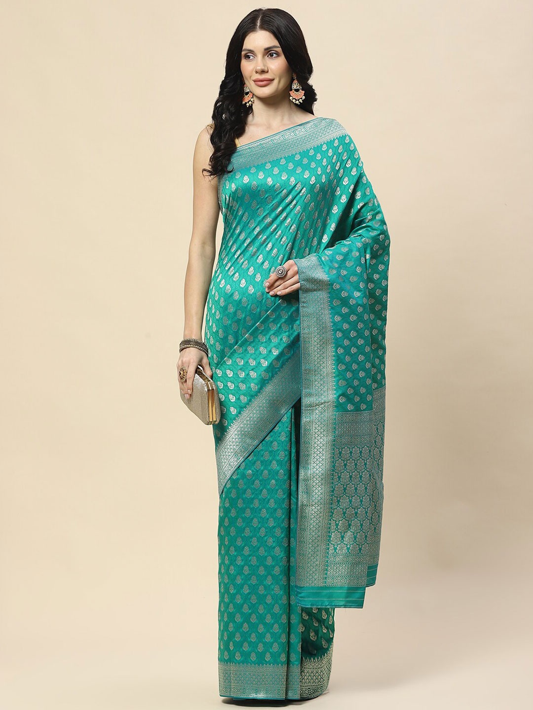 

Meena Bazaar Woven Design Ethnic Motifs Zari Banarasi Saree, Sea green