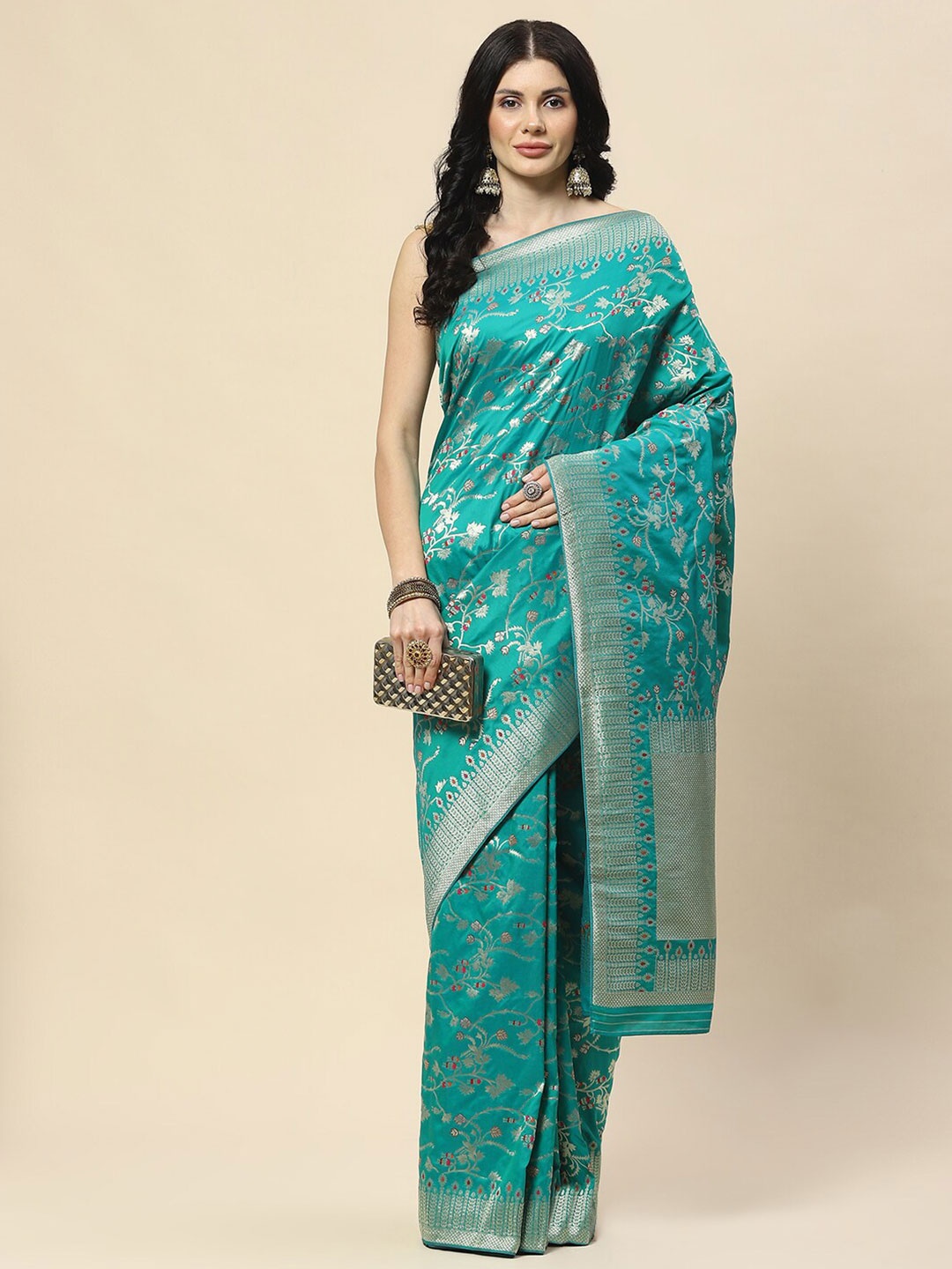 

Meena Bazaar Woven Design Floral Zari Banarasi Saree, Green